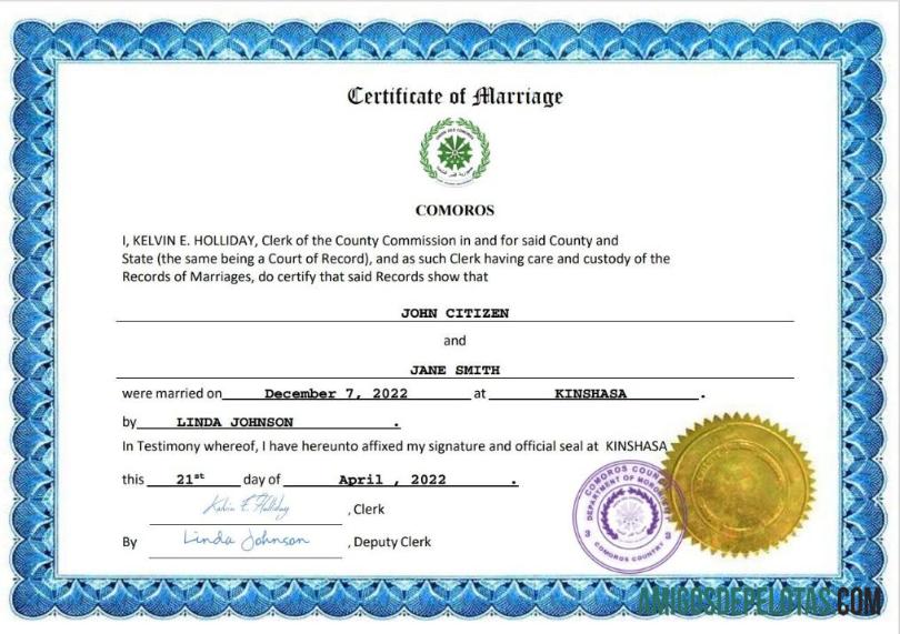 Imprimível modelo Word e PDF de certidão de casamento de Comores